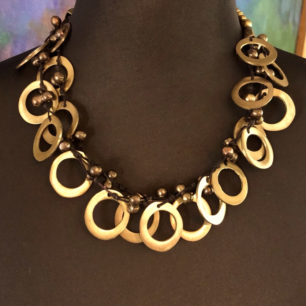 Vintage Boho Brass Double Strand Circle Charm Handmade Geometric Necklace